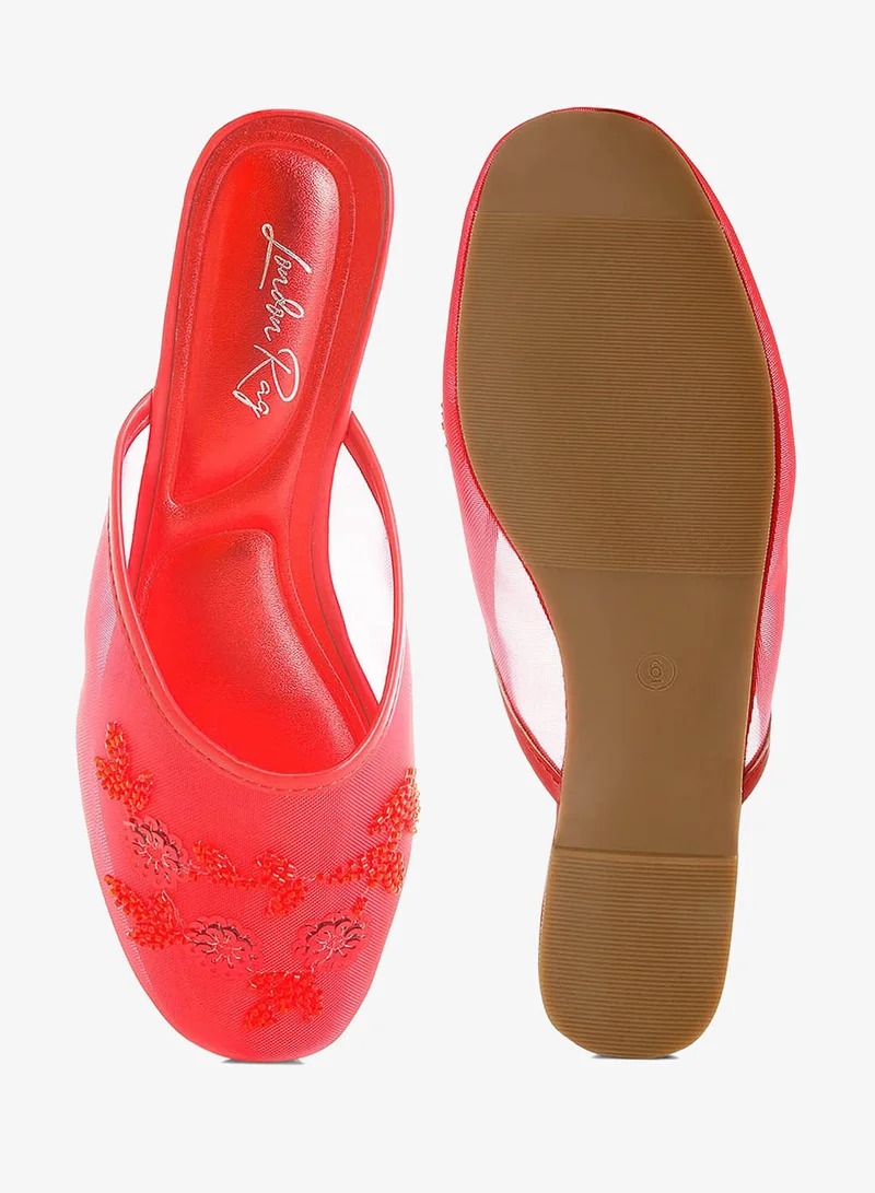 London Rag red Mesh Sequin Beaded Mules in Red for Women | Best Price UAE