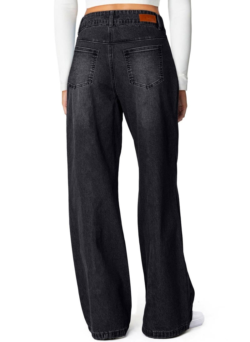 Sidefeel Women's Wide Leg Jeans High Waisted Stretchy Seamed Front Straight Leg Trendy Loose Denim Pants Black Size 10 - Image 2