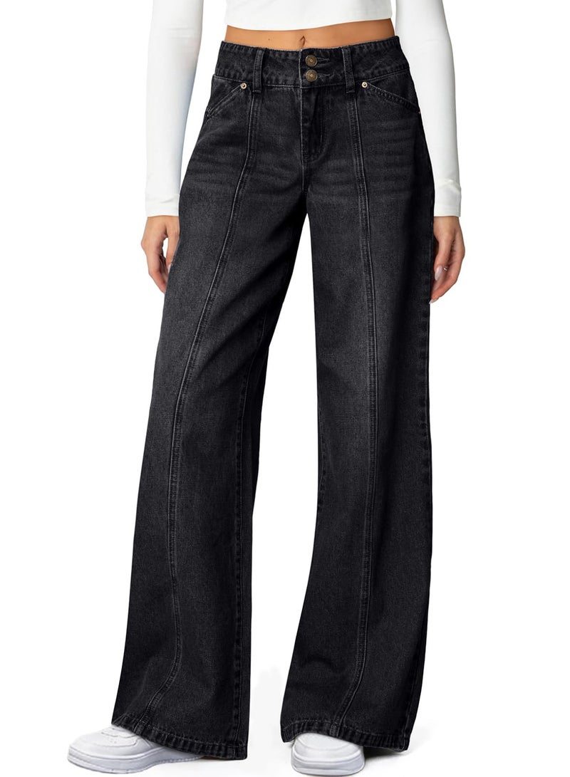 Sidefeel Women's Wide Leg Jeans High Waisted Stretchy Seamed Front Straight Leg Trendy Loose Denim Pants Black Size 10 - Image 1