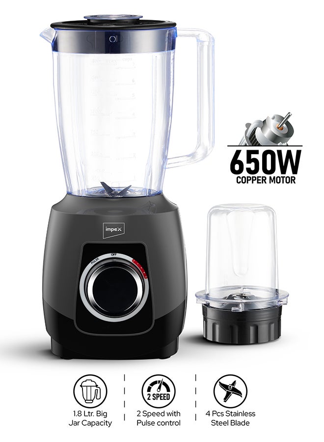 Impex 2-in-1 Electric Blender | Mixer Grinder With 1.8L Blender Jar + Grinder Jar | Countertop Blender With 2 Speeds + Pulse Control | 6Pcs Stainless Steel Blades, Powerful Motor with Overheat Protection, Safety Switch | Durable & Easy to Use 1.8 L 650 W BL3501A Black and Grey - Image 1