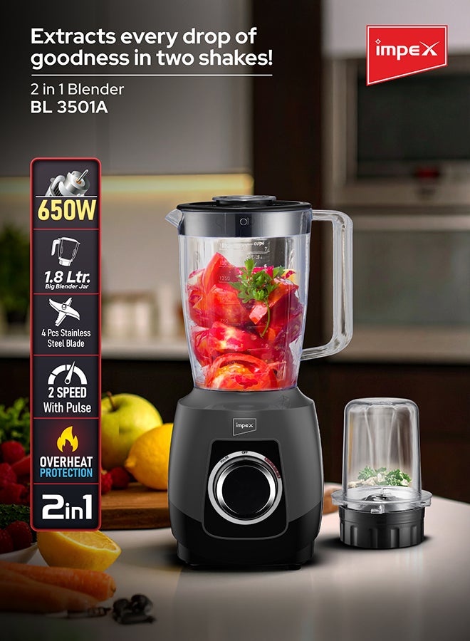 Impex 2-in-1 Electric Blender | Mixer Grinder With 1.8L Blender Jar + Grinder Jar | Countertop Blender With 2 Speeds + Pulse Control | 6Pcs Stainless Steel Blades, Powerful Motor with Overheat Protection, Safety Switch | Durable & Easy to Use 1.8 L 650 W BL3501A Black and Grey - Image 2