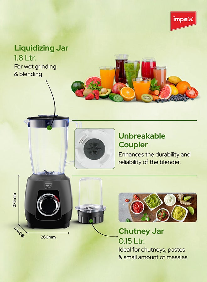 Impex 2-in-1 Electric Blender | Mixer Grinder With 1.8L Blender Jar + Grinder Jar | Countertop Blender With 2 Speeds + Pulse Control | 6Pcs Stainless Steel Blades, Powerful Motor with Overheat Protection, Safety Switch | Durable & Easy to Use 1.8 L 650 W BL3501A Black and Grey - Image 4