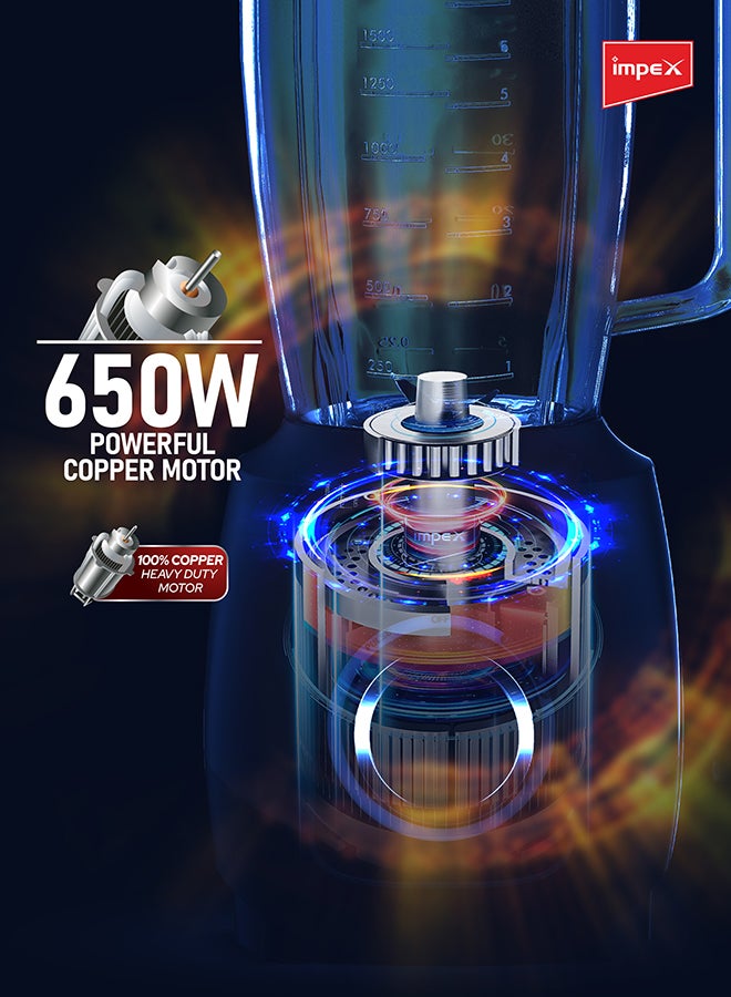 Impex 2-in-1 Electric Blender | Mixer Grinder With 1.8L Blender Jar + Grinder Jar | Countertop Blender With 2 Speeds + Pulse Control | 6Pcs Stainless Steel Blades, Powerful Motor with Overheat Protection, Safety Switch | Durable & Easy to Use 1.8 L 650 W BL3501A Black and Grey - Image 3