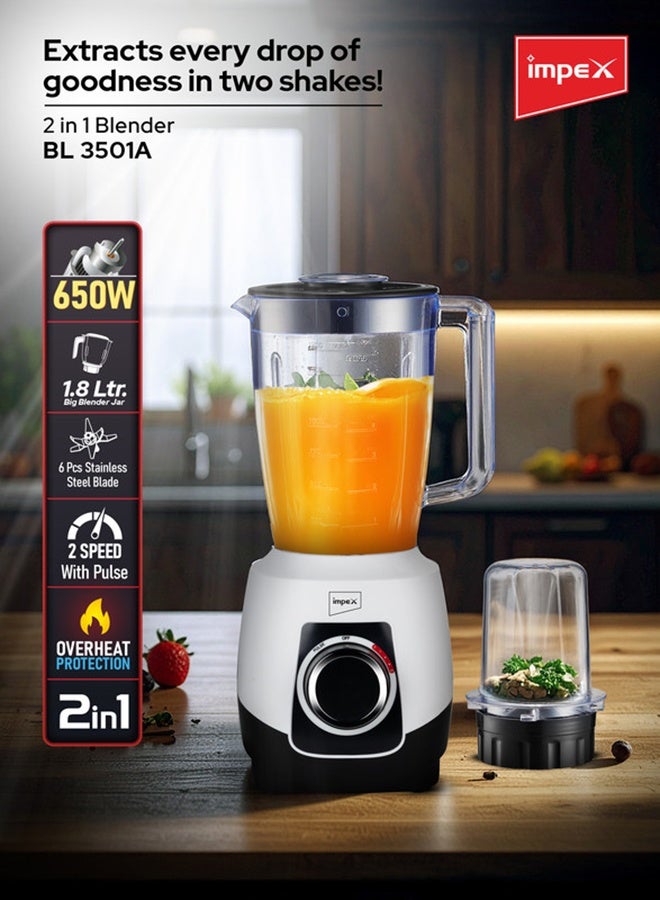 Impex 2-in-1 Electric Blender | Mixer Grinder With 1.8L Blender Jar + Grinder Jar | Countertop Blender With 2 Speeds + Pulse Control | 6Pcs Stainless Steel Blades, Powerful Motor with Overheat Protection, Safety Switch | Durable & Easy to Use 650W 1.8 L 650 W BL3501A Black and Grey - Image 1