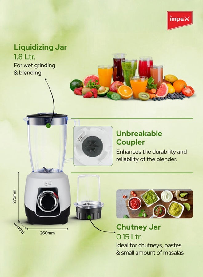 Impex 2-in-1 Electric Blender | Mixer Grinder With 1.8L Blender Jar + Grinder Jar | Countertop Blender With 2 Speeds + Pulse Control | 6Pcs Stainless Steel Blades, Powerful Motor with Overheat Protection, Safety Switch | Durable & Easy to Use 650W 1.8 L 650 W BL3501A Black and Grey - Image 3