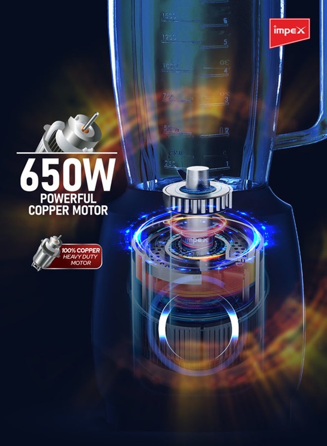 Impex 2-in-1 Electric Blender | Mixer Grinder With 1.8L Blender Jar + Grinder Jar | Countertop Blender With 2 Speeds + Pulse Control | 6Pcs Stainless Steel Blades, Powerful Motor with Overheat Protection, Safety Switch | Durable & Easy to Use 650W 1.8 L 650 W BL3501A Black and Grey - Image 2
