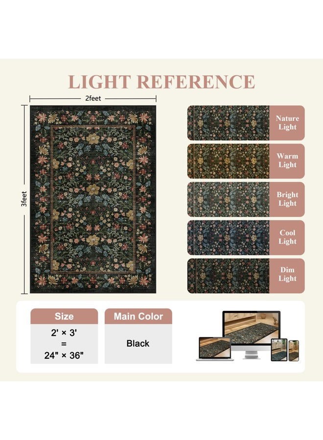 DUKINO 2x3 Entryway Rug, Floral Washable Area Rug with Non Slip Indoor Door Mat, Vintage Low Pile Small Front Door Throw Carpet for Kitchen, Entrance, Bathroom, Bedroom, Black - Image 3