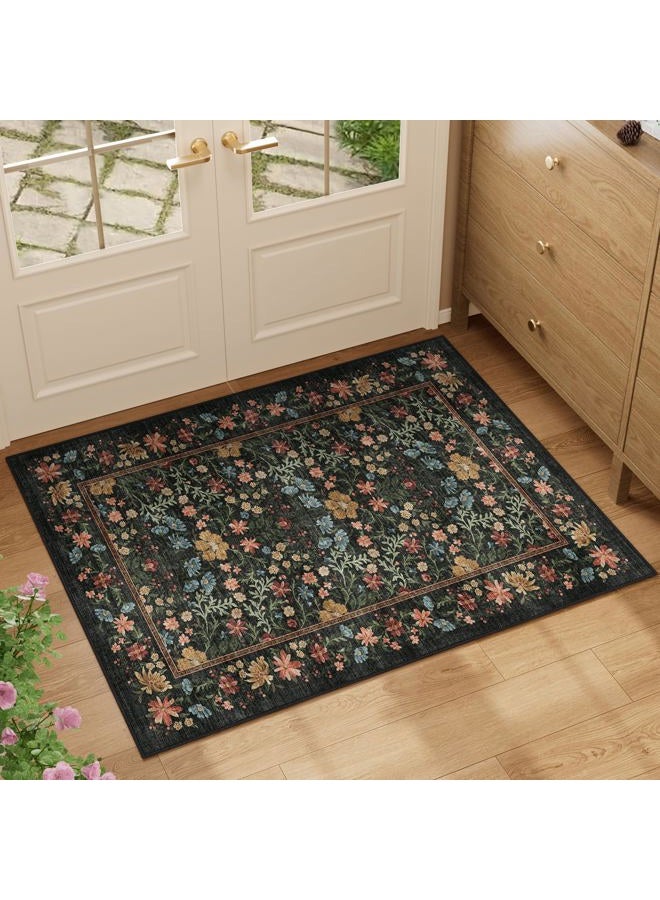 DUKINO 2x3 Entryway Rug, Floral Washable Area Rug with Non Slip Indoor Door Mat, Vintage Low Pile Small Front Door Throw Carpet for Kitchen, Entrance, Bathroom, Bedroom, Black - Image 2