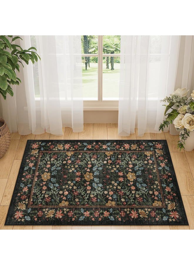 DUKINO 2x3 Entryway Rug, Floral Washable Area Rug with Non Slip Indoor Door Mat, Vintage Low Pile Small Front Door Throw Carpet for Kitchen, Entrance, Bathroom, Bedroom, Black - Image 5