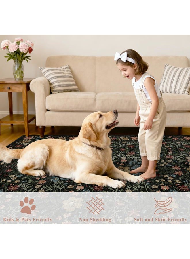 DUKINO 2x3 Entryway Rug, Floral Washable Area Rug with Non Slip Indoor Door Mat, Vintage Low Pile Small Front Door Throw Carpet for Kitchen, Entrance, Bathroom, Bedroom, Black - Image 4