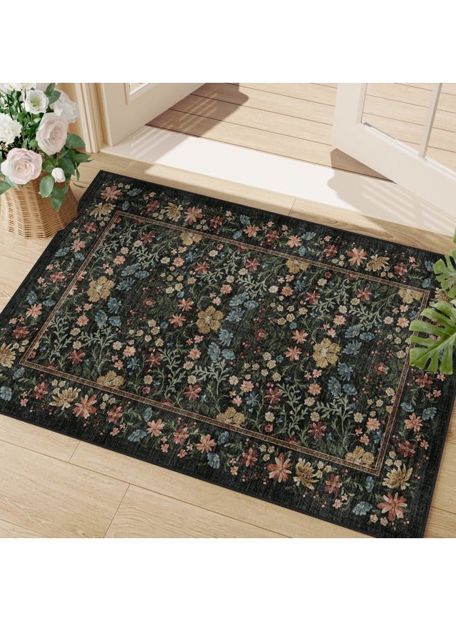 DUKINO 2x3 Entryway Rug, Floral Washable Area Rug with Non Slip Indoor Door Mat, Vintage Low Pile Small Front Door Throw Carpet for Kitchen, Entrance, Bathroom, Bedroom, Black - Image 1