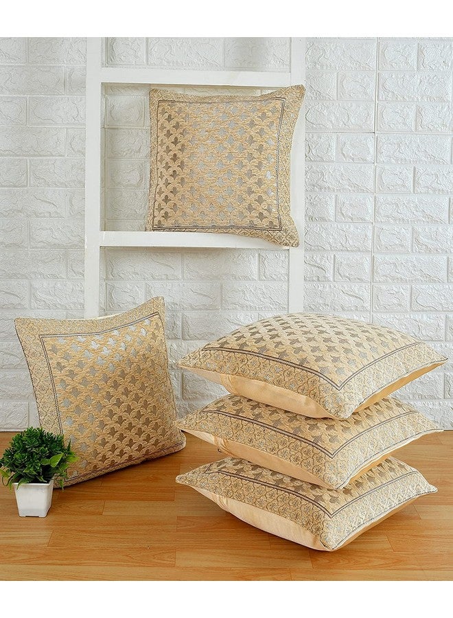 LOOMLYFE Jacquard Geomteric Cushion Covers 16 Inch X 16 Inch Set Of 5 Ethnic Motifs Cushion Covers,Design- Star,Color- Beige, 240 TC - Image 2