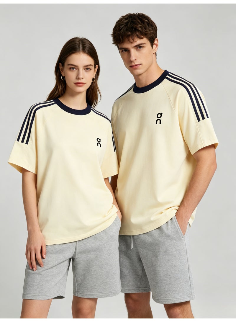 On Running Unisex Cream Off-White Raglan 3 Navy Stripe Navy Trim Couple T-Shirt - Image 4