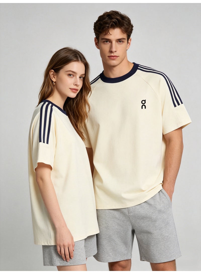 On Running Unisex Cream Off-White Raglan 3 Navy Stripe Navy Trim Couple T-Shirt - Image 3