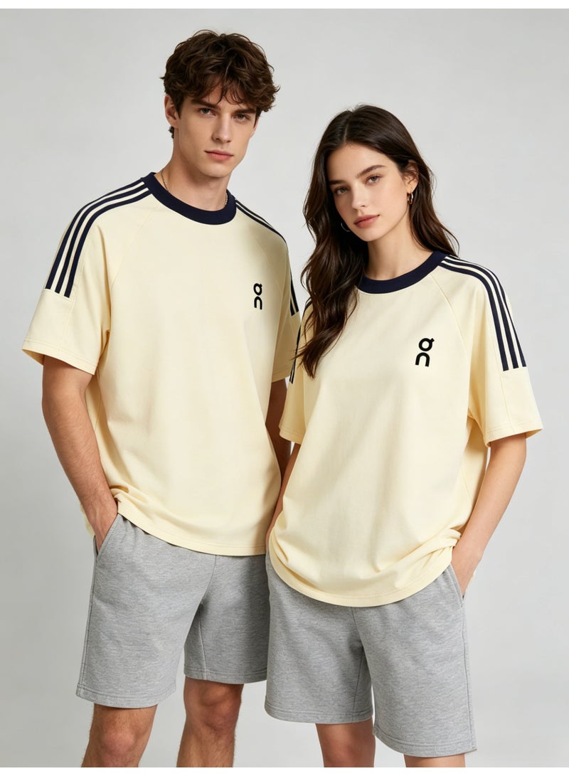 On Running Unisex Cream Off-White Raglan 3 Navy Stripe Navy Trim Couple T-Shirt - Image 2