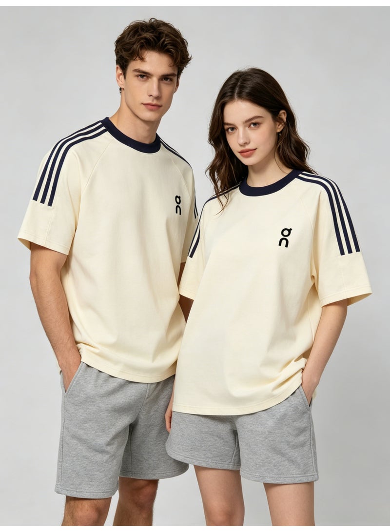 On Running Unisex Cream Off-White Raglan 3 Navy Stripe Navy Trim Couple T-Shirt - Image 5