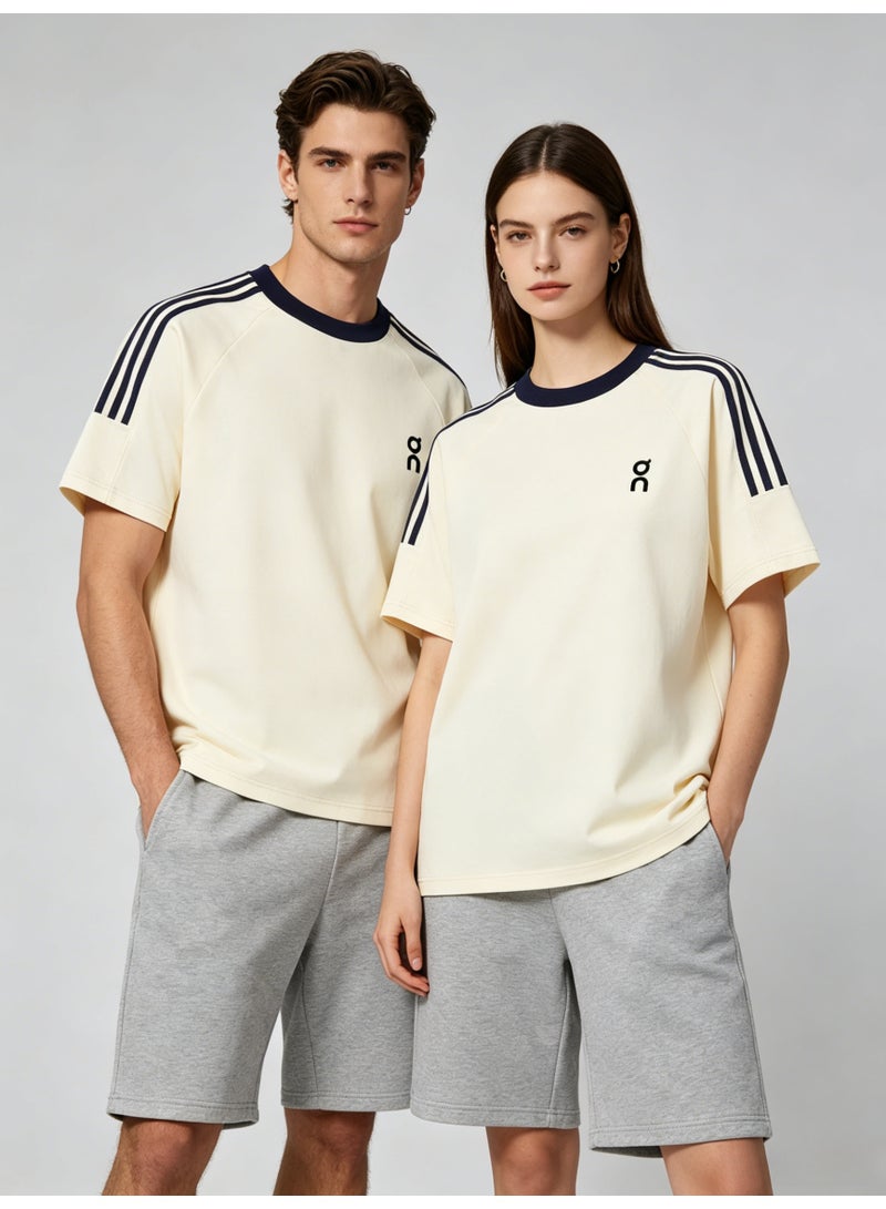 On Running Unisex Cream Off-White Raglan 3 Navy Stripe Navy Trim Couple T-Shirt - Image 1