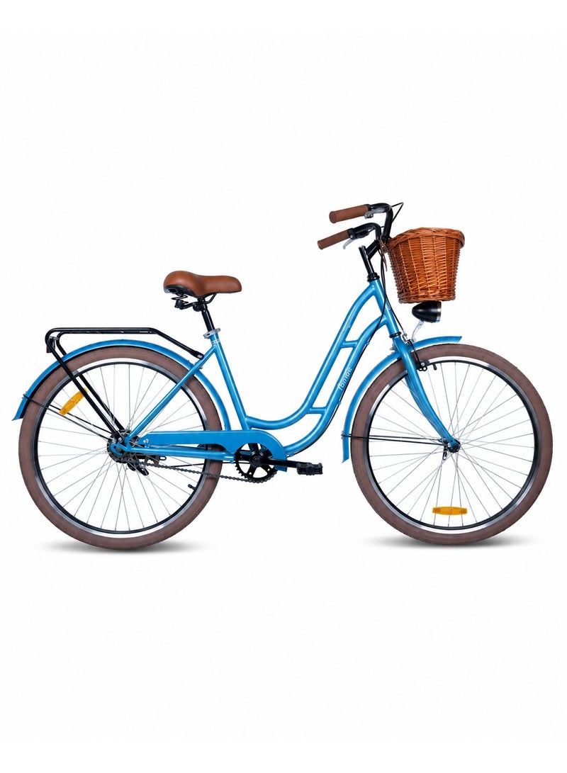 Mogoo Florida 24-Inch Kids Cruiser Bicycle with Step-Through Steel Frame, Adjustable Saddle, Front Basket & Rear Carrier, Ages 8–12 Years, Blue - Image 1