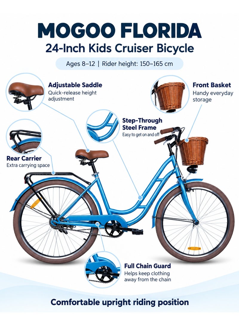 Mogoo Florida 24-Inch Kids Cruiser Bicycle with Step-Through Steel Frame, Adjustable Saddle, Front Basket & Rear Carrier, Ages 8–12 Years, Blue - Image 2