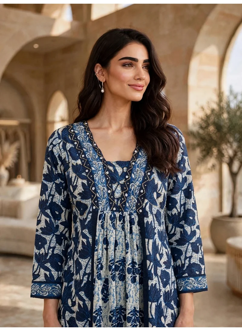 Ikkxa IKKXA Elegant Printed Long Sleeve Maxi Jalabiya with Yoke Detail IK10002Blue