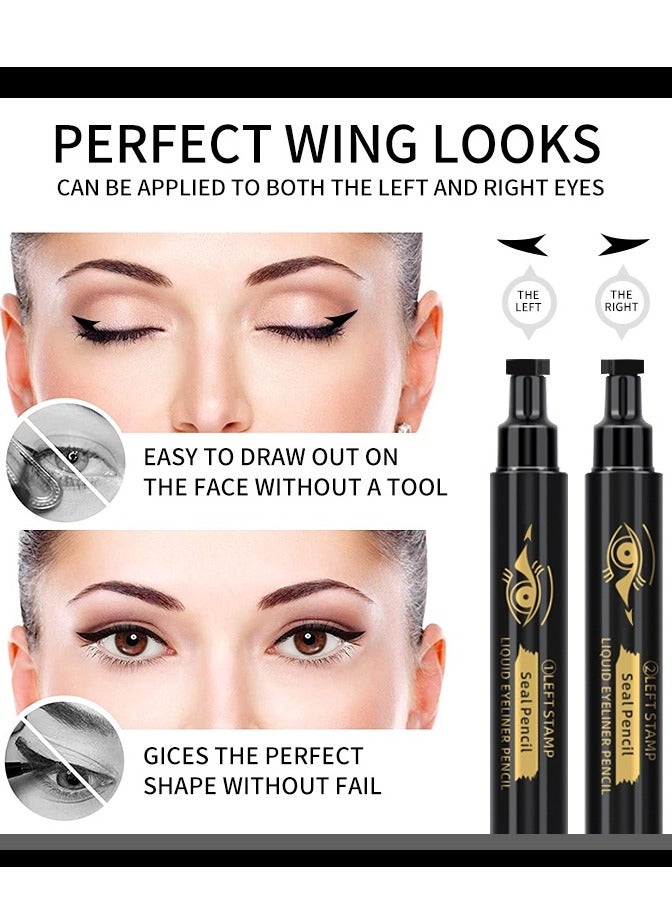 QIC 2 Pcs Set Double Headed Eye Makeup Pencil Liquid Stamp Eyeliner Pencil Face Stamps Makeup Black Waterproof Slim Gel Felt Tip High Black Pigment Liquid Eyeliner and Seal Thin Left Right Wing Black Stamp - Image 4