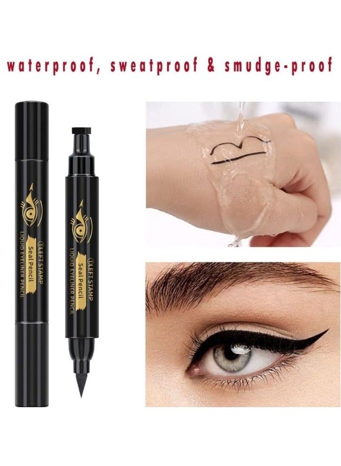 QIC 2 Pcs Set Double Headed Eye Makeup Pencil Liquid Stamp Eyeliner Pencil Face Stamps Makeup Black Waterproof Slim Gel Felt Tip High Black Pigment Liquid Eyeliner and Seal Thin Left Right Wing Black Stamp - Image 5