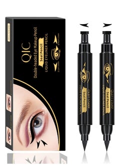 QIC 2 Pcs Set Double Headed Eye Makeup Pencil Liquid Stamp Eyeliner Pencil Face Stamps Makeup Black Waterproof Slim Gel Felt Tip High Black Pigment Liquid Eyeliner and Seal Thin Left Right Wing Black Stamp  - Image 1