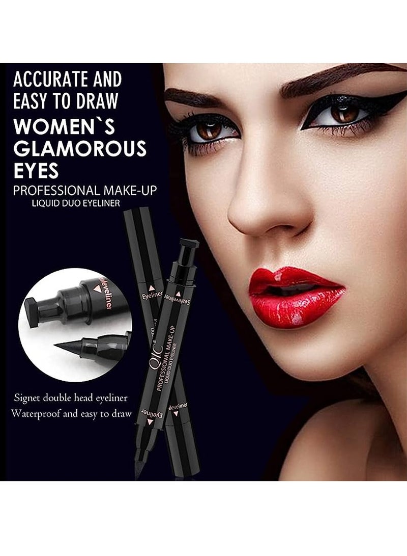 QIC 2 Pcs Set Double Headed Eye Makeup Pencil Liquid Stamp Eyeliner Pencil Face Stamps Makeup Black Waterproof Slim Gel Felt Tip High Black Pigment Liquid Eyeliner and Seal Thin Left Right Wing Black Stamp - Image 3