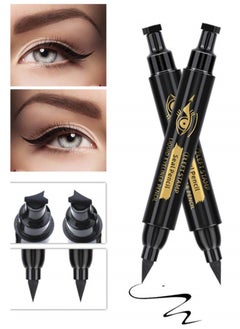 QIC 2 Pcs Set Double Headed Eye Makeup Pencil Liquid Stamp Eyeliner Pencil Face Stamps Makeup Black Waterproof Slim Gel Felt Tip High Black Pigment Liquid Eyeliner and Seal Thin Left Right Wing Black Stamp  - Image 2