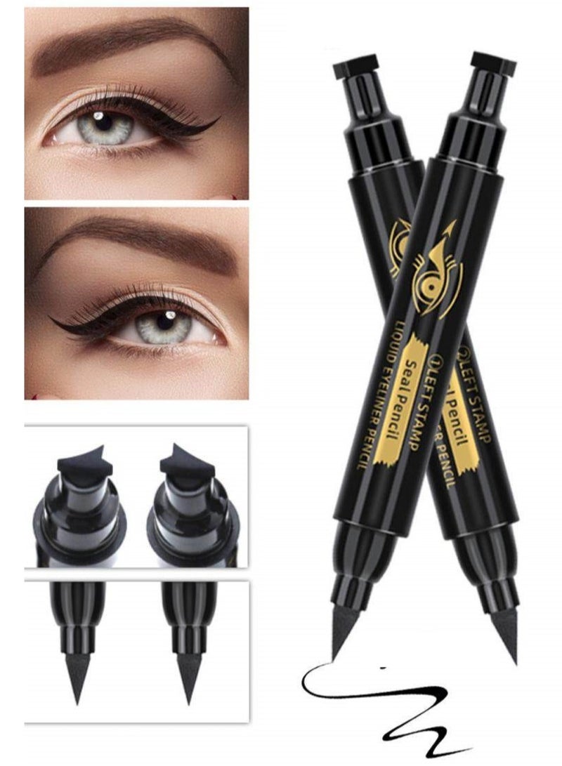 QIC 2 Pcs Set Double Headed Eye Makeup Pencil Liquid Stamp Eyeliner Pencil Face Stamps Makeup Black Waterproof Slim Gel Felt Tip High Black Pigment Liquid Eyeliner and Seal Thin Left Right Wing Black Stamp - Image 2