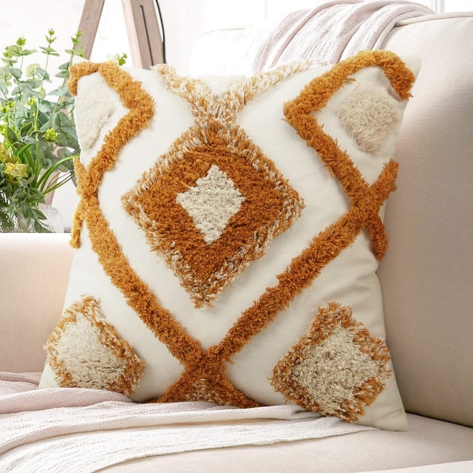 BOHO THROW PILLOW COVERS 18X18 ORANGE WOVEN TUFTED DECORATIVE PILLOW COVERS MODERN ACCENT BOHEMIAN SQUARE PILLOW CASES FOR COUCH SOFA BEDROOM LIVING ROOM NO PILLOW INSERT1PCS