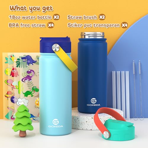 GoKEDA 18oz Kids Water Bottle 2 Pack Insulated Bottles with Stickers 188 Stainless Steel Vacuum Leak Proof Straw Cup for School Gifts for Boys GirlsLightBlueDarkGreenBlue - Image 3