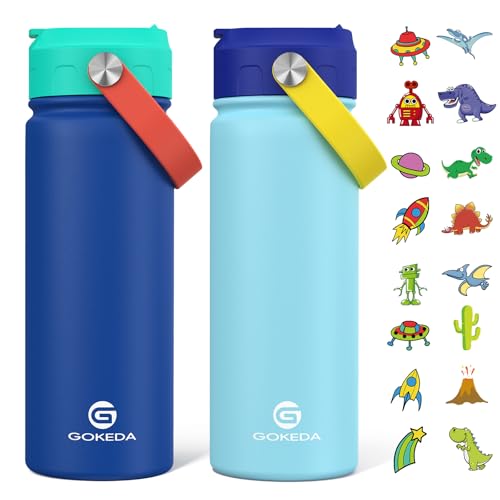 GoKEDA 18oz Kids Water Bottle 2 Pack Insulated Bottles with Stickers 188 Stainless Steel Vacuum Leak Proof Straw Cup for School Gifts for Boys GirlsLightBlueDarkGreenBlue - Image 1