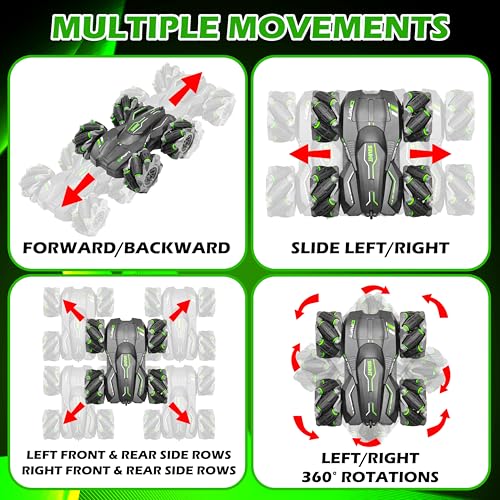 VGRASSP 2.4GHz 4WD Remote Control Drift Stunt Car Toy for Kids with Lights and Music - Double Sided 360° Rotating Dancing and Crawling RC Car with Rechargeable Battery - Green - Image 3