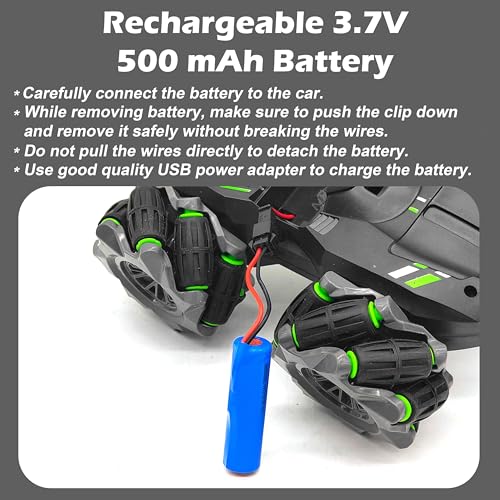VGRASSP 2.4GHz 4WD Remote Control Drift Stunt Car Toy for Kids with Lights and Music - Double Sided 360° Rotating Dancing and Crawling RC Car with Rechargeable Battery - Green - Image 4