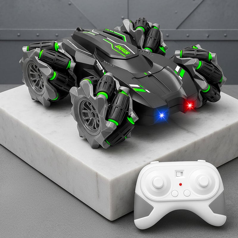 VGRASSP 2.4GHz 4WD Remote Control Drift Stunt Car Toy for Kids with Lights and Music - Double Sided 360° Rotating Dancing and Crawling RC Car with Rechargeable Battery - Green - Image 5