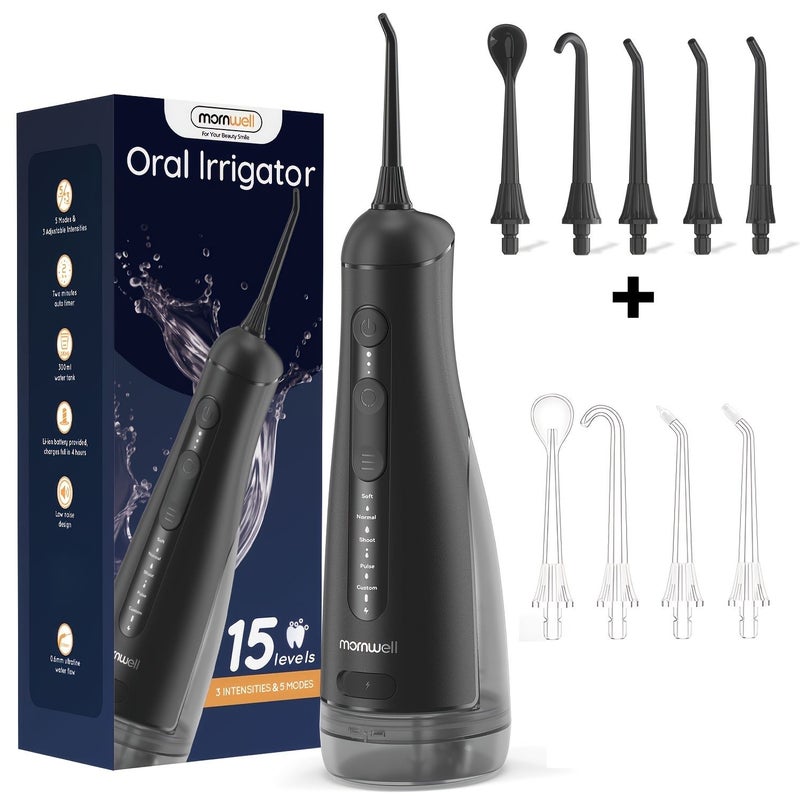 Black Mornwell Portable Water Flosser IPX7 15 Working Modes 5Modes 3 Intensity Levels 9 Nozzles Ergonomic Handle Dental Irrigator for Travel Home Use - Image 1