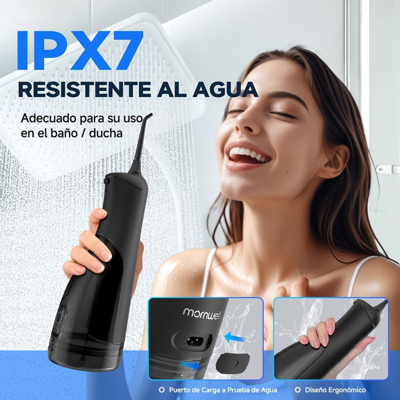Black Mornwell Portable Water Flosser IPX7 15 Working Modes 5Modes 3 Intensity Levels 9 Nozzles Ergonomic Handle Dental Irrigator for Travel Home Use - Image 4