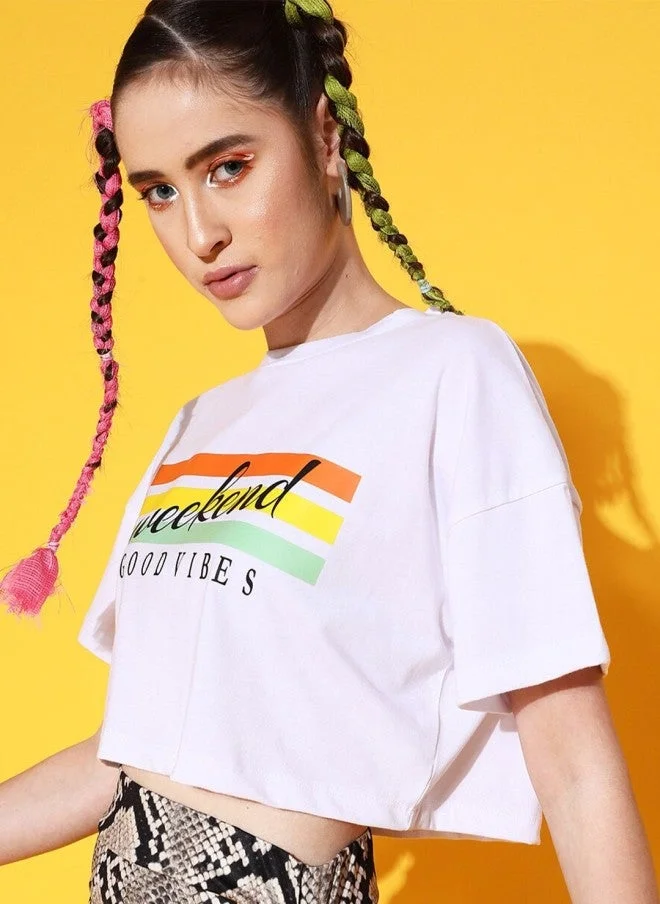 White Printed Crop T-Shirt for Women