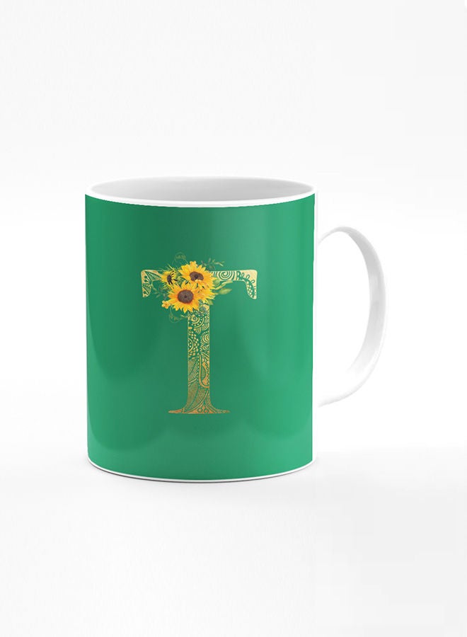 Stylizedd Designer Printed Coffee Mug 11oz Ceramic Personalised Gift Mugs Cup Custom Monogram Initial Letter Floral Pattern Alphabet T (Dark Spring Green)  - Image 1