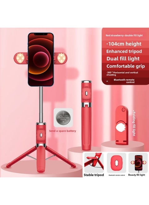 Bluetooth Multi-function Mini Remote Control Mobile Phone Selfie Stick Bracket Dual Fill Light Integrated Live Camera Tripod-Color:Red Strawberry [double Fill Light]]
