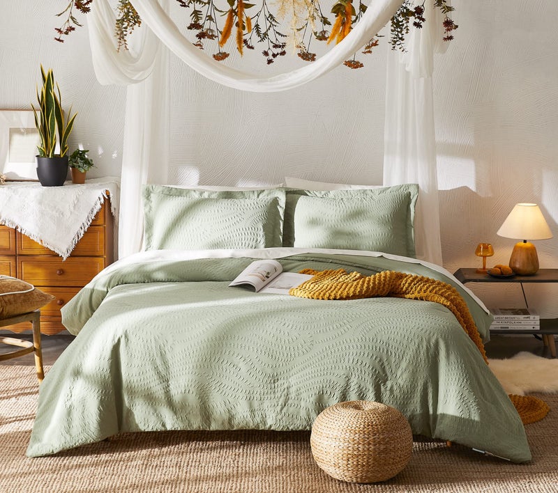 Geniospin Full Comforter Set Bed in a Bag Sage Green Bedding Sets 7Pieces Botanical Pattern All Season Comfortable Seersucker Bedding with Comforter Sheets Pillowcase  Shams Full80x90