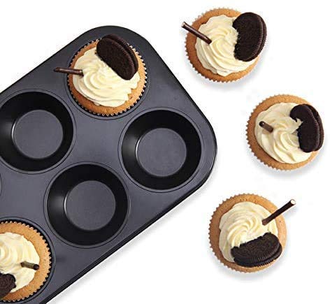 BEE HOME 6 Cups Reusable Carbon Steel Non Stick Biscuit Brownie Dessert Cup Cake Muffin Mould Tray pan for Microwave Oven at Home Baking equipments1 pcsBlack - Image 2