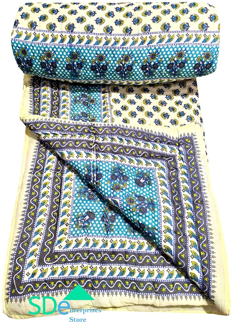 Lilfly Rajasthani Light Weight Single Bed Soft Jaipuri AC Quilt/Razai Designer Reversible Both Side use Sky Blue booti with Boarder Cotton Quilts Blankets for Home (Size 55X85 inch) - Image 3