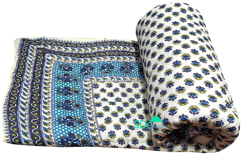 Lilfly Rajasthani Light Weight Single Bed Soft Jaipuri AC Quilt/Razai Designer Reversible Both Side use Sky Blue booti with Boarder Cotton Quilts Blankets for Home (Size 55X85 inch) - Image 2