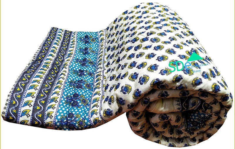 Lilfly Rajasthani Light Weight Single Bed Soft Jaipuri AC Quilt/Razai Designer Reversible Both Side use Sky Blue booti with Boarder Cotton Quilts Blankets for Home (Size 55X85 inch) - Image 1