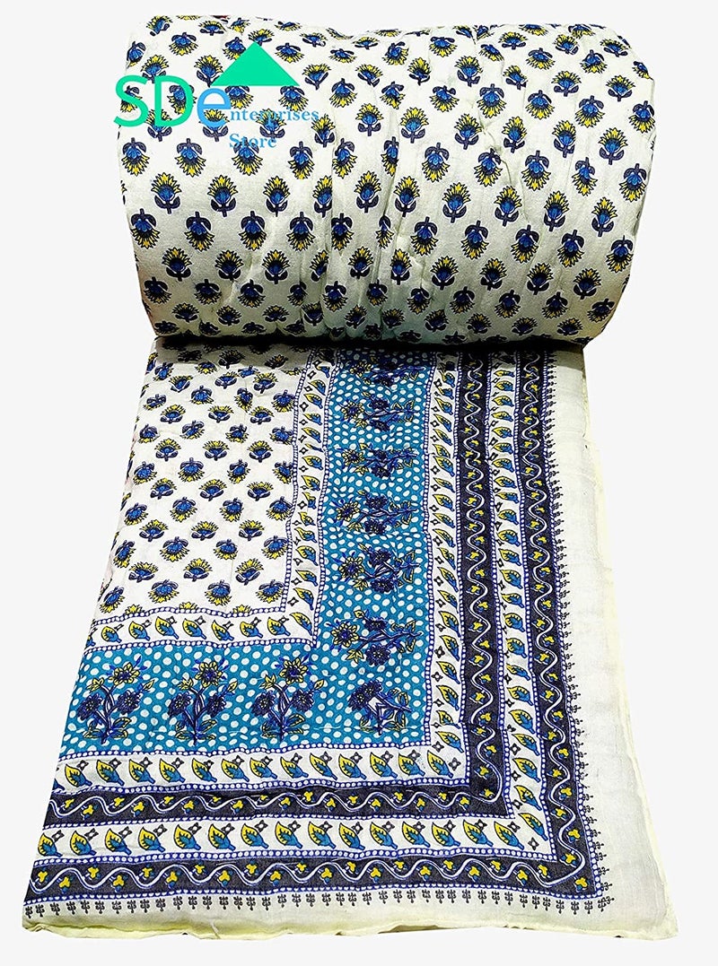 Lilfly Rajasthani Light Weight Single Bed Soft Jaipuri AC Quilt/Razai Designer Reversible Both Side use Sky Blue booti with Boarder Cotton Quilts Blankets for Home (Size 55X85 inch) - Image 4