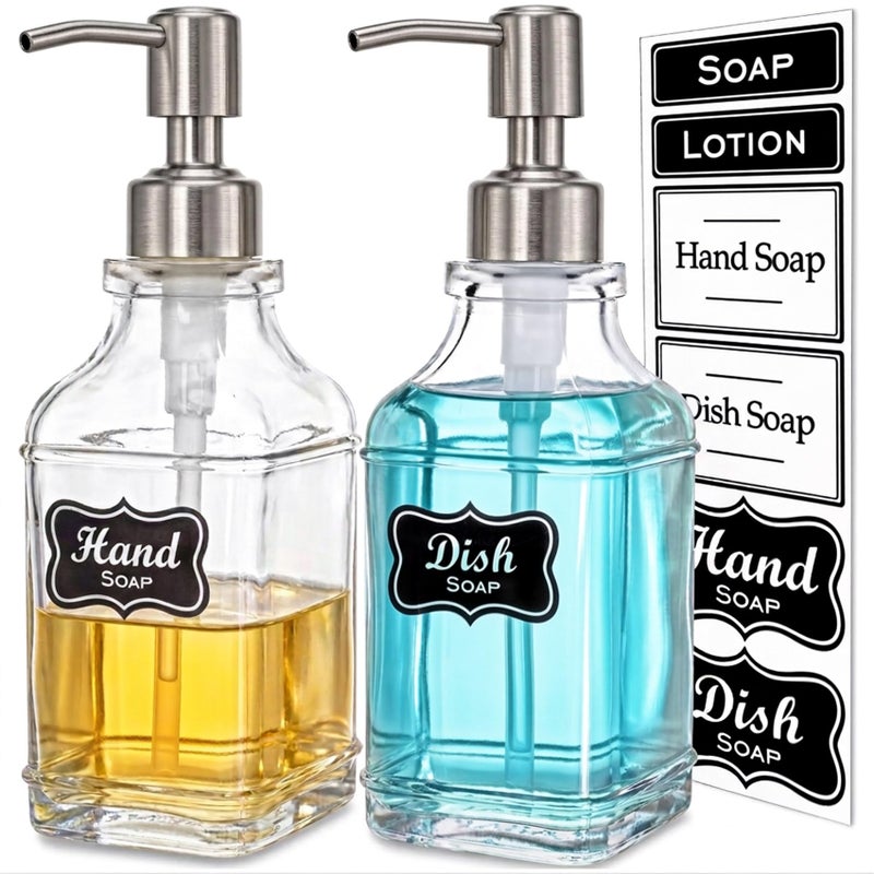 JASAI 2Pack Antique Design Glass Soap Dispenser with Rust Proof 304 Stainless Steel Pump, Refillable Hand Soap Dispenser with 10Pcs Stickers, Premium Soap Dispensers for Kitchen & Bathroom (Clear) - Image 1