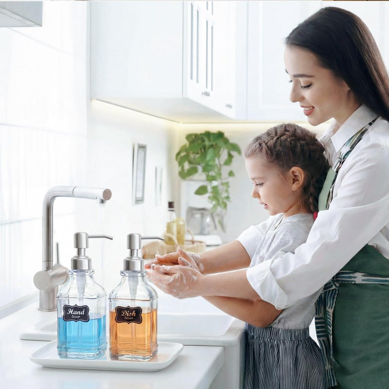 JASAI 2Pack Antique Design Glass Soap Dispenser with Rust Proof 304 Stainless Steel Pump, Refillable Hand Soap Dispenser with 10Pcs Stickers, Premium Soap Dispensers for Kitchen & Bathroom (Clear) - Image 3
