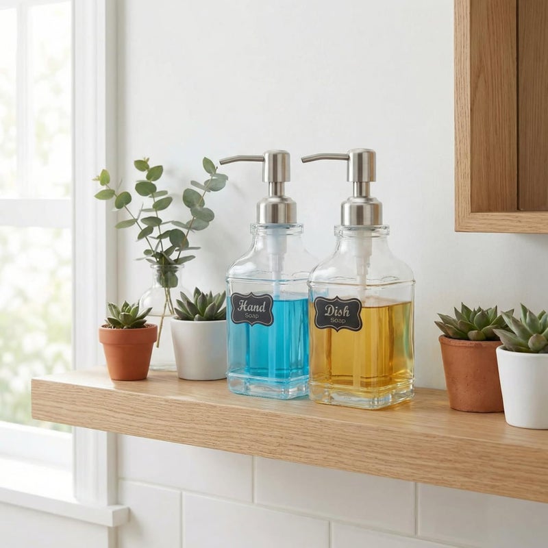 JASAI 2Pack Antique Design Glass Soap Dispenser with Rust Proof 304 Stainless Steel Pump, Refillable Hand Soap Dispenser with 10Pcs Stickers, Premium Soap Dispensers for Kitchen & Bathroom (Clear) - Image 4